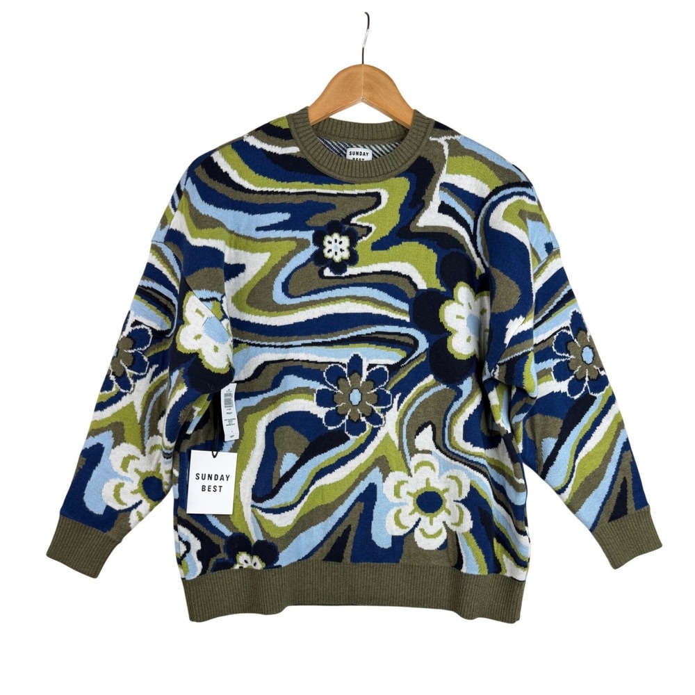 NWT Sunday Best Aritzia Groovy Flower Power Sweater Peggy Size 1 Navy Blue Green